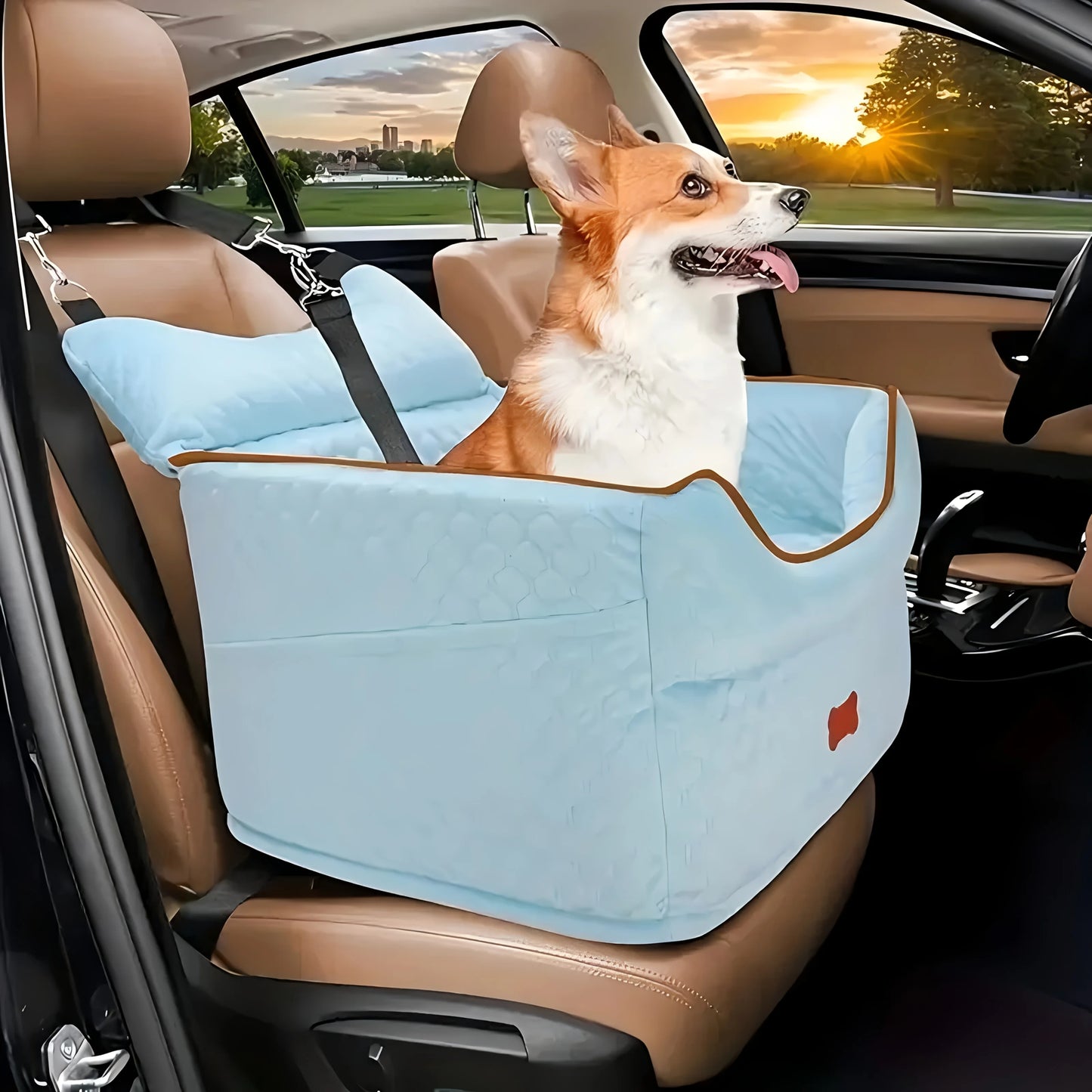 Dog Booster Car Seat for Small Dogs up to 25lbs - Elevated Pet Travel Seat with Removable Washable Bed, Storage Pockets & Dog Se