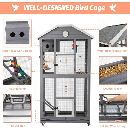 Outdoor Bird Cage Large, Wooden Flight Aviary with Perches, Nest Habitat, and Easy-Clean Pull Out Tray for Parakeets, Macaws.