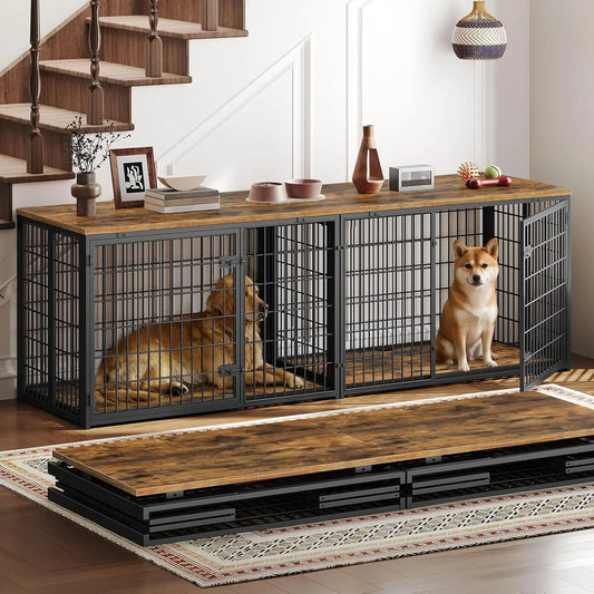 Foldable Dog Crate Furniture for 2 Dogs, 78.7'' Double Dog Kennel Indoor with Removable Divider