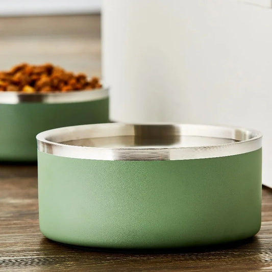 Large Double Wall Stainless Steel Dog Bowl with Non-Skid Rubber Ring, Sage Green