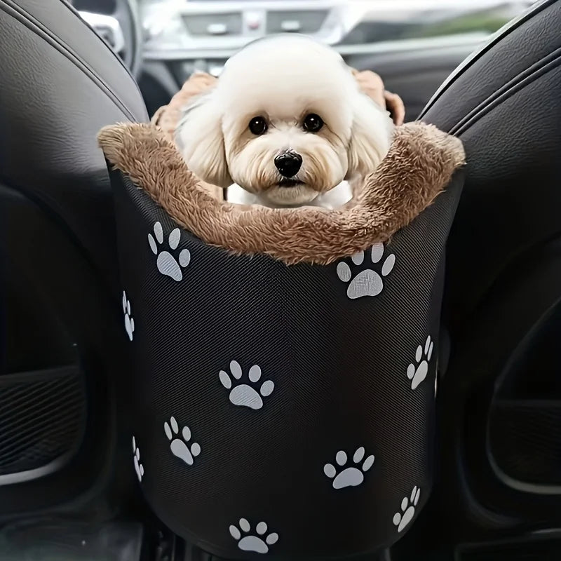 Black Fabric Dog Car Seat - Portable Pet Booster Basket with Paw Print Design, Equipped with Comfort Armrests and Headrest
