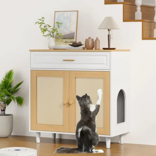 Hidden Cat Litter Box Cabinet with Sisal Scratching Board Doors and Drawer Wooden Pet House for Indoor Cats Dog Proof Enclosure