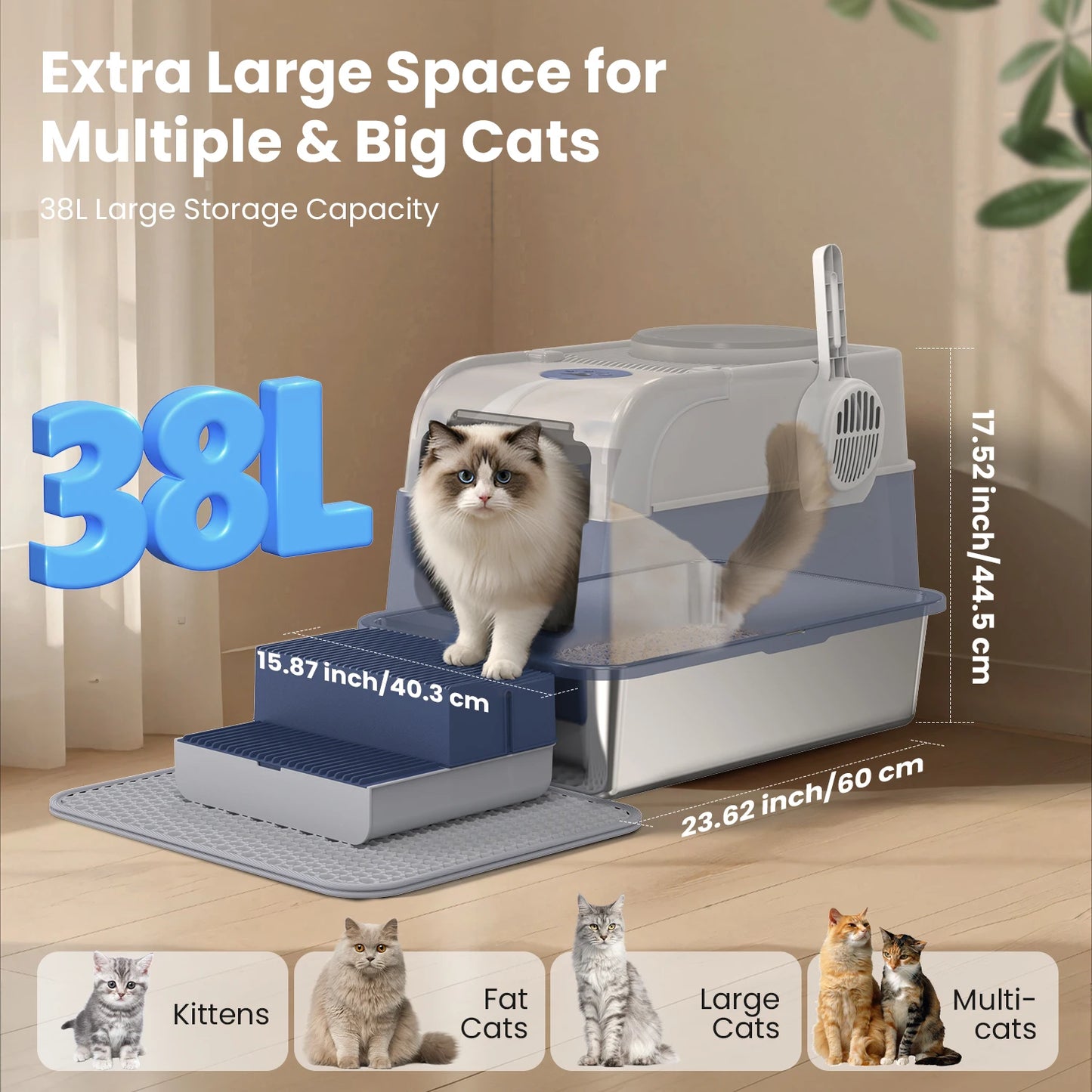 Stainless Steel Cat Litter Box Non-Stick Odor Control Easy Clean with Lid&Scoop Rust-proof Durable Stainless Steel Pet Toilet
