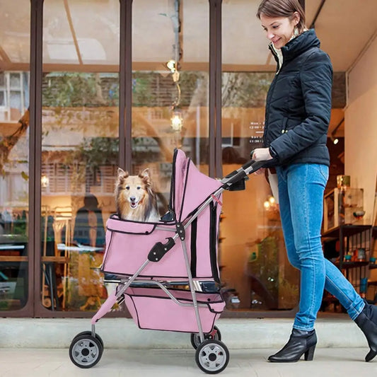 3-Wheel Folding Pet Stroller for Small Dogs and Cats, Waterproof with Cup Holder & Removable Liner, Pink