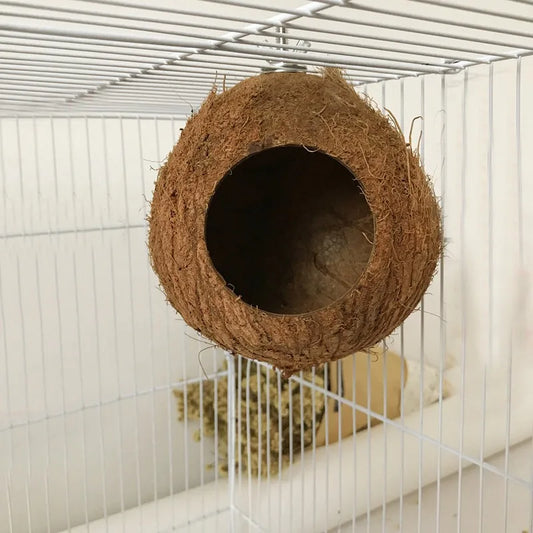 Natural Coco Hideaway Parrot Birds Reptile Coconut Shell Bird Nest Cage Hanging Toy for Budgies Parakeet Cockatiels Hamster House