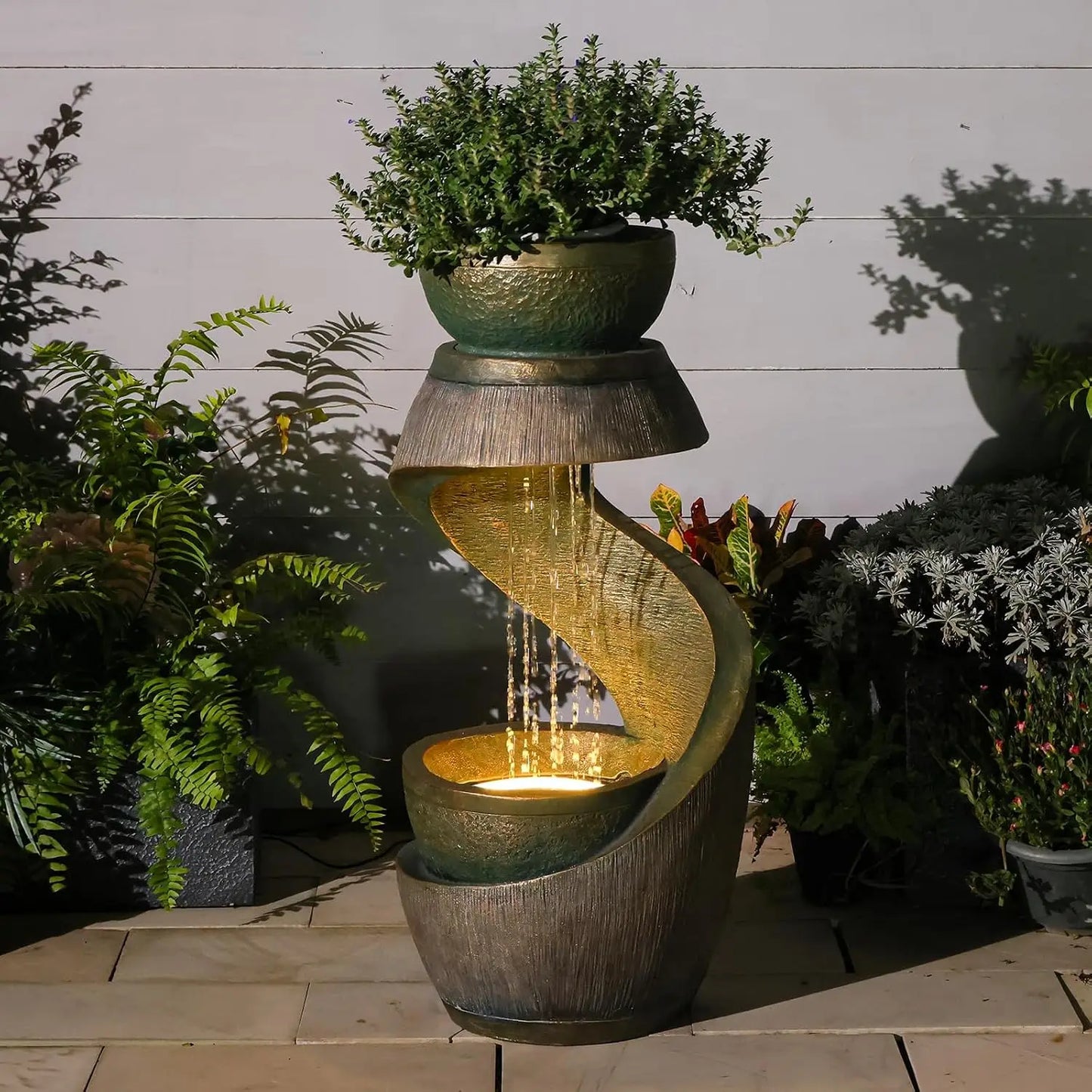 31.9" S-Shaped Water Outdoor Fountain–Modern Cascading Waterfall Feature with LED Lights & Planter Bowl, Garden, Customized
