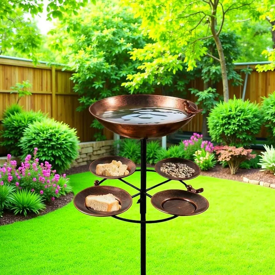 【New style】Antique Bronze Metal Dual Tier Bird Bath and Feeder - 5 Bowl Capacity, Rust-Proof, Sturdy Base, Easy Clean Garden De