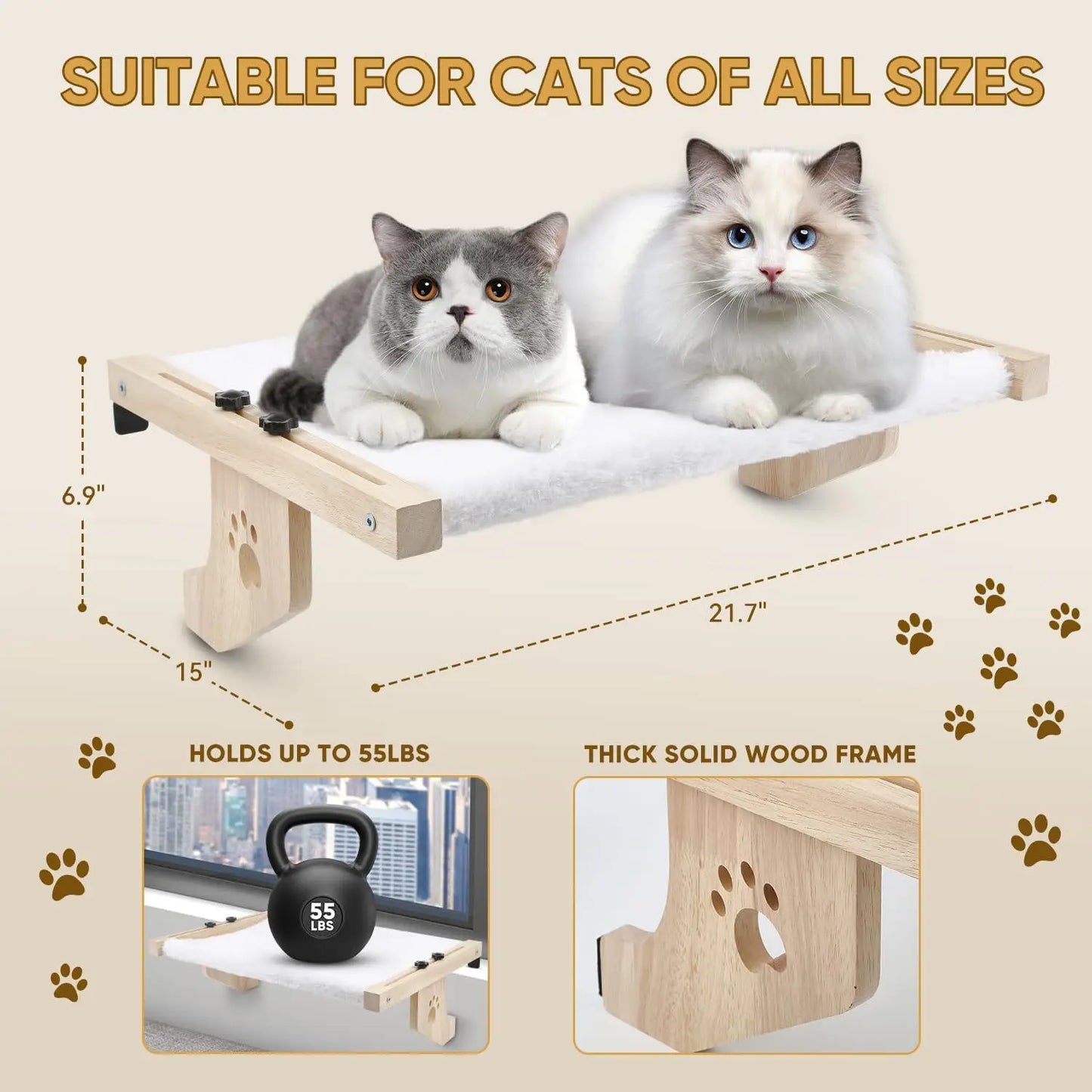 Cat window sill, cat window hammock, suitable for indoor cats, wooden and metal frame, easy to adjust