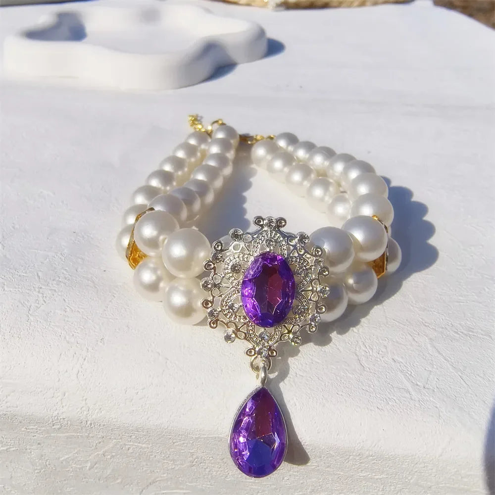 1pc Luxury Double Layer Pearl Pet Necklace with Diamond Pendant Wedding Costume Dog Cat Crystal Jewelry Accessories Pet Supplies