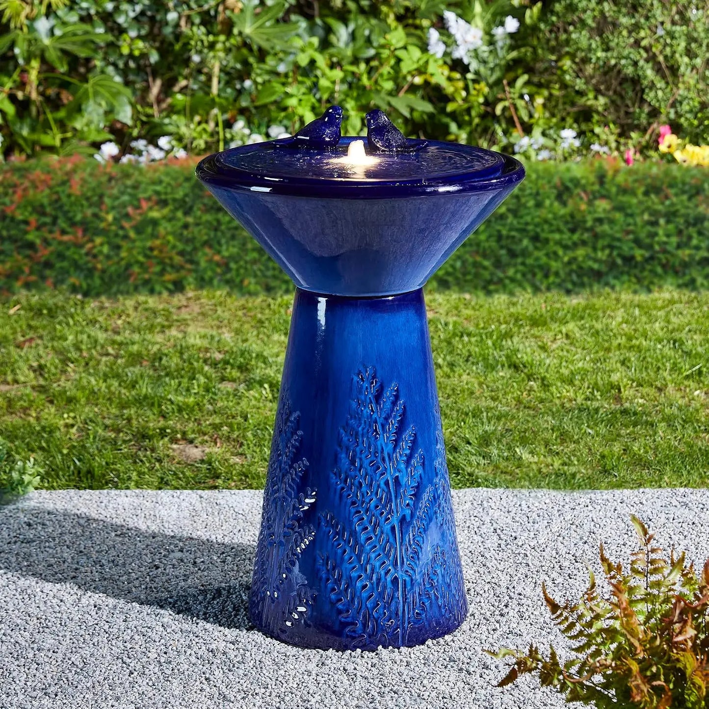 27.5" H Ceramic Garden Water Fountain with LED Light and Pump Bird Bath Fountain Outdoor Turquoise Embossed Pattern, Customized
