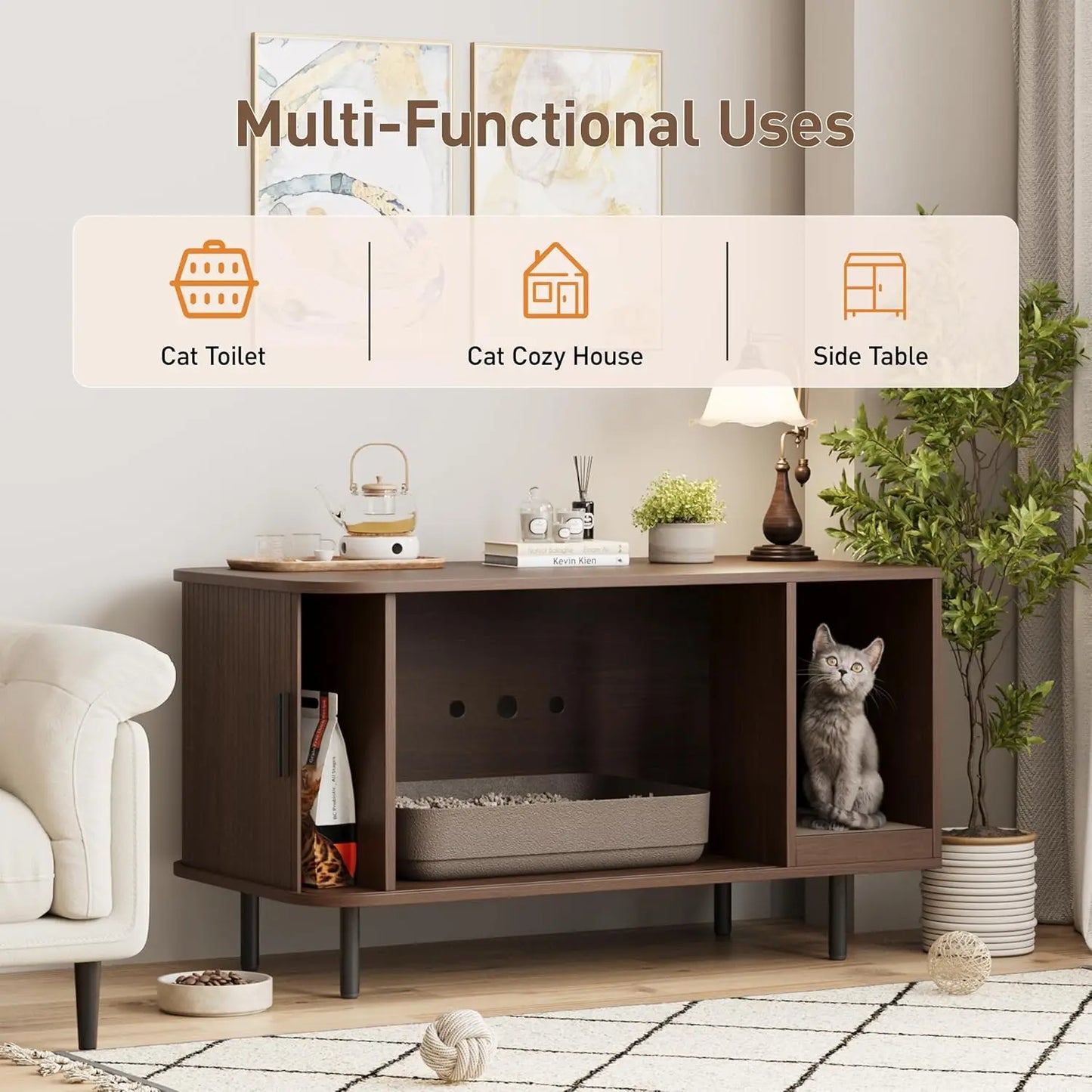 Modern Cat Litter Box Enclosure with Sliding Door, Scratch Pad, Multifunctional Furniture for Living Room in Walnut