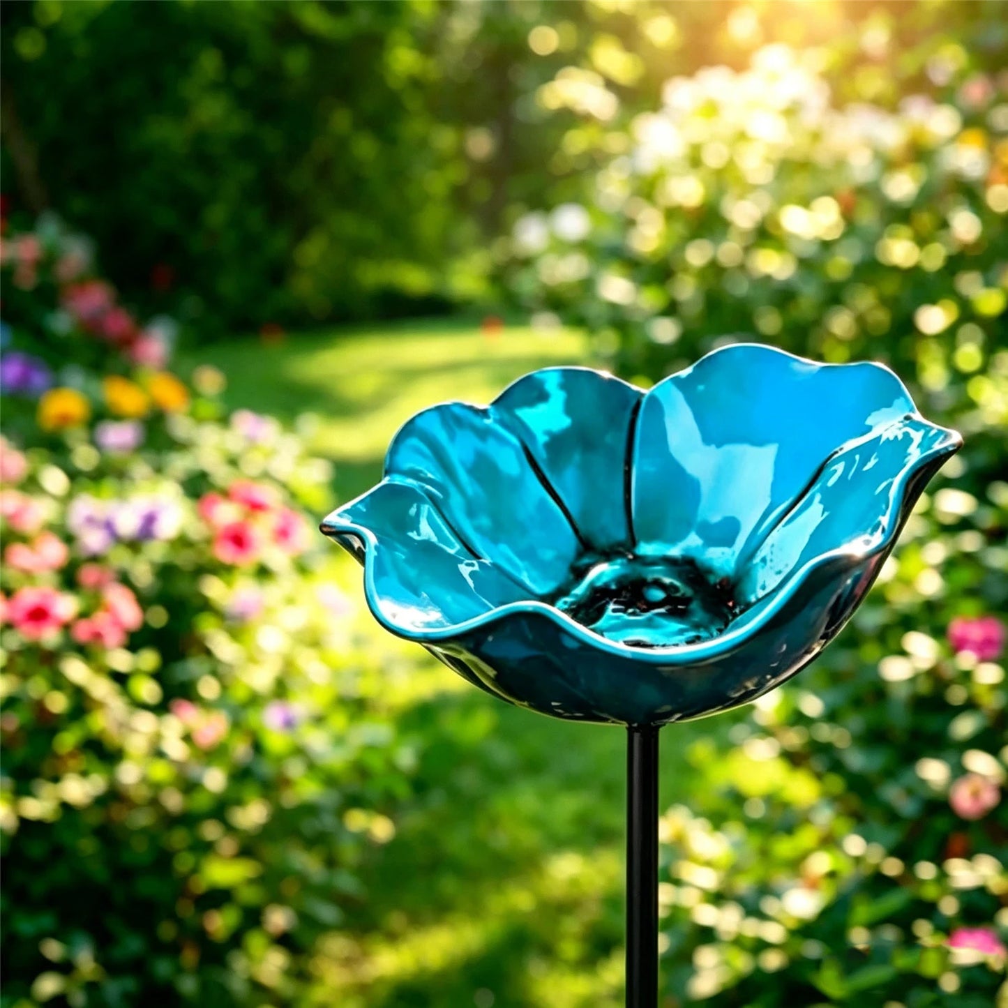 Metal Flower Garden Stakes Bird Bath 4-in-1 Pollinator Water Station - Hummingbird Feeder Bird Bath for Outdoor Yard Decor