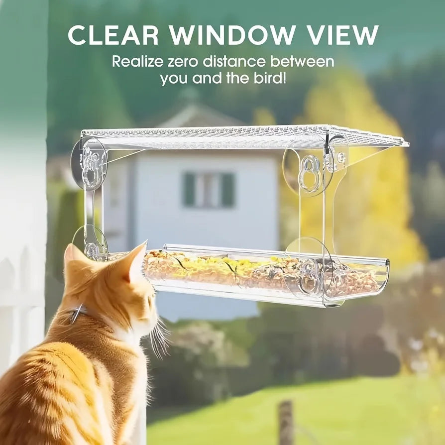 Indestructible Large Window Bird Feeder with Removable Seed & Water Tray, for Wild Birds with 4 Super Strong Adhesive Hooks + 4