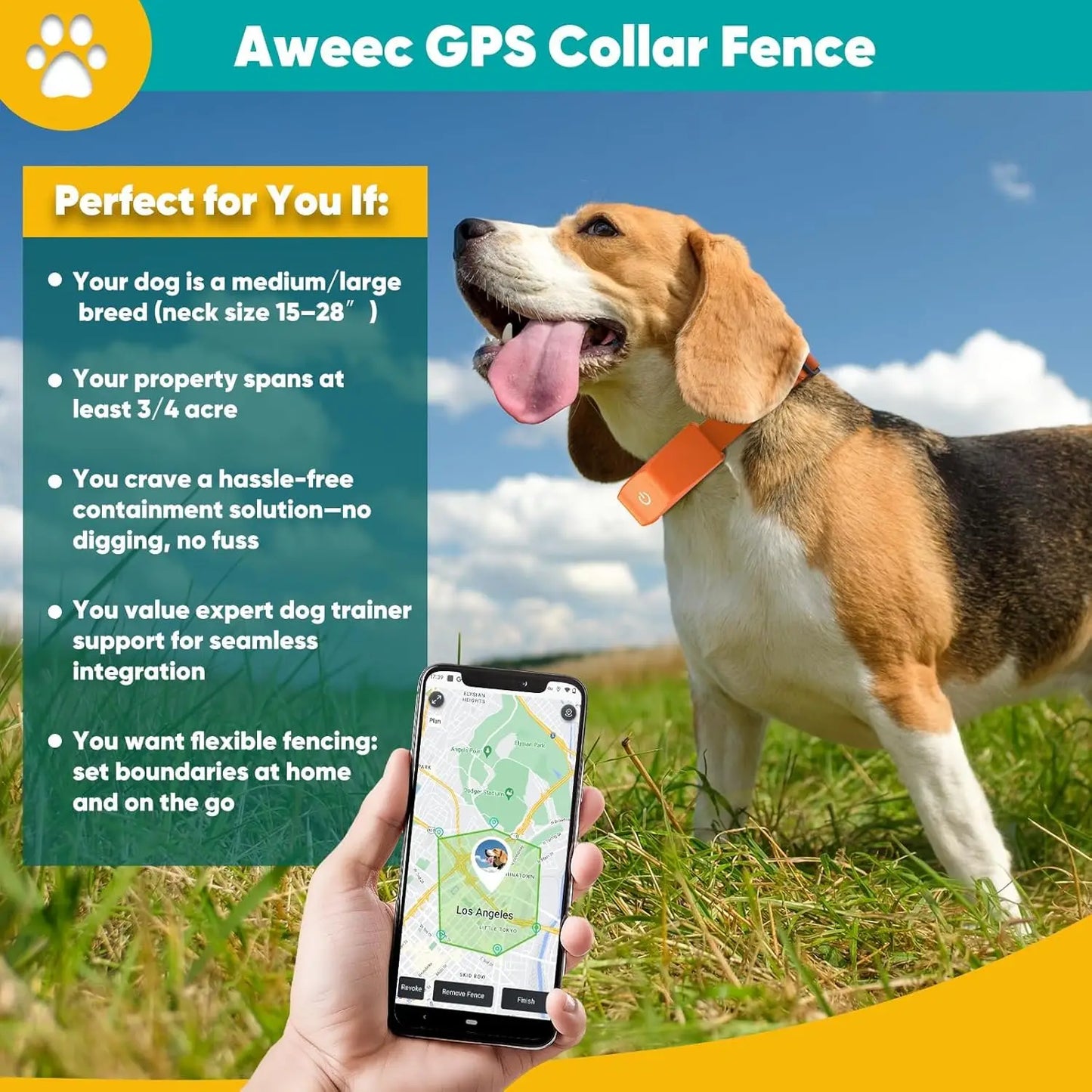 GPS Electric Dog Fence with Free App, Wireless Fence System with Training Collar, Portable for