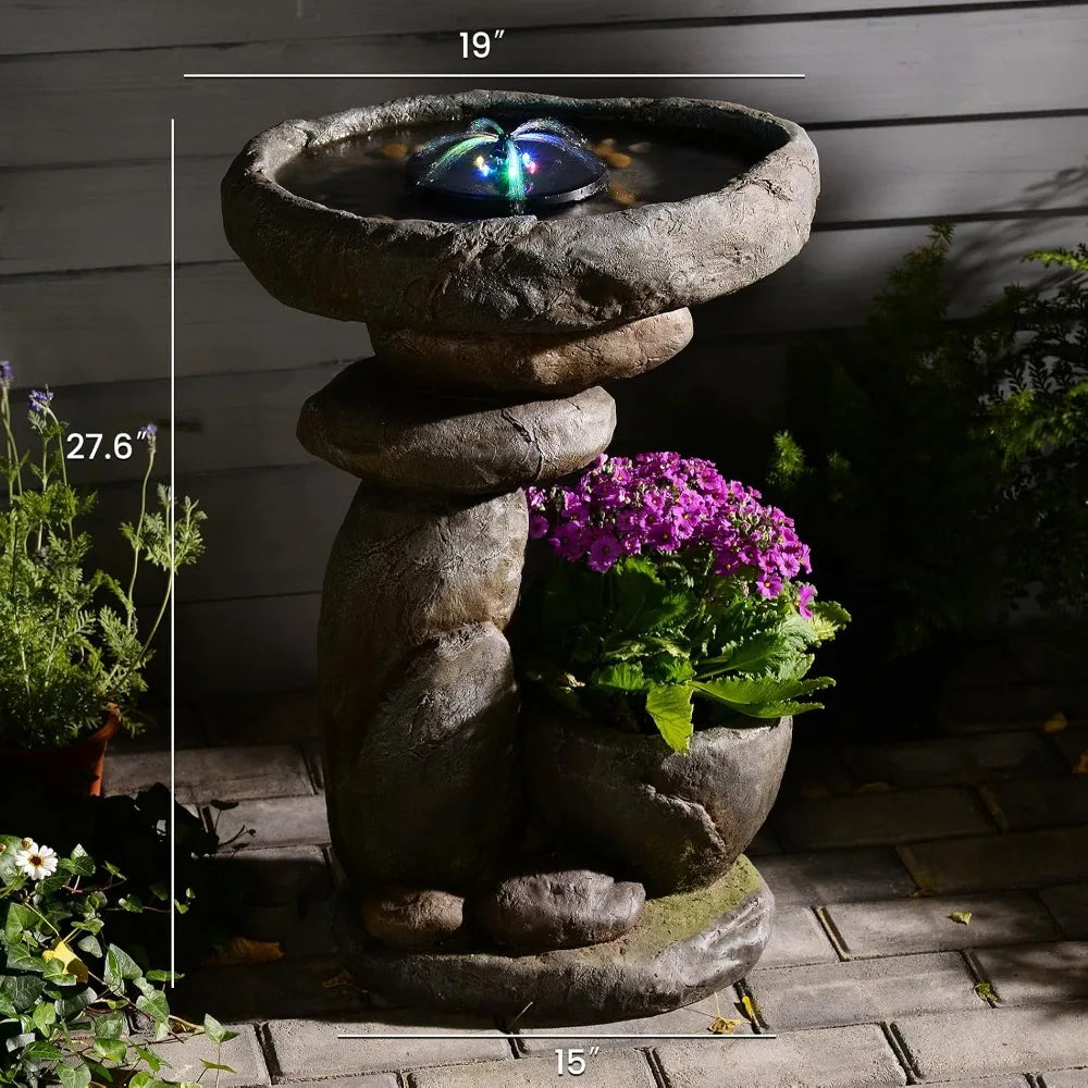 Solar Fountain for Bird Bath, Water Fountain Outdoor with Planter, Freestanding Rock Solar Waterfall with LED, Customized