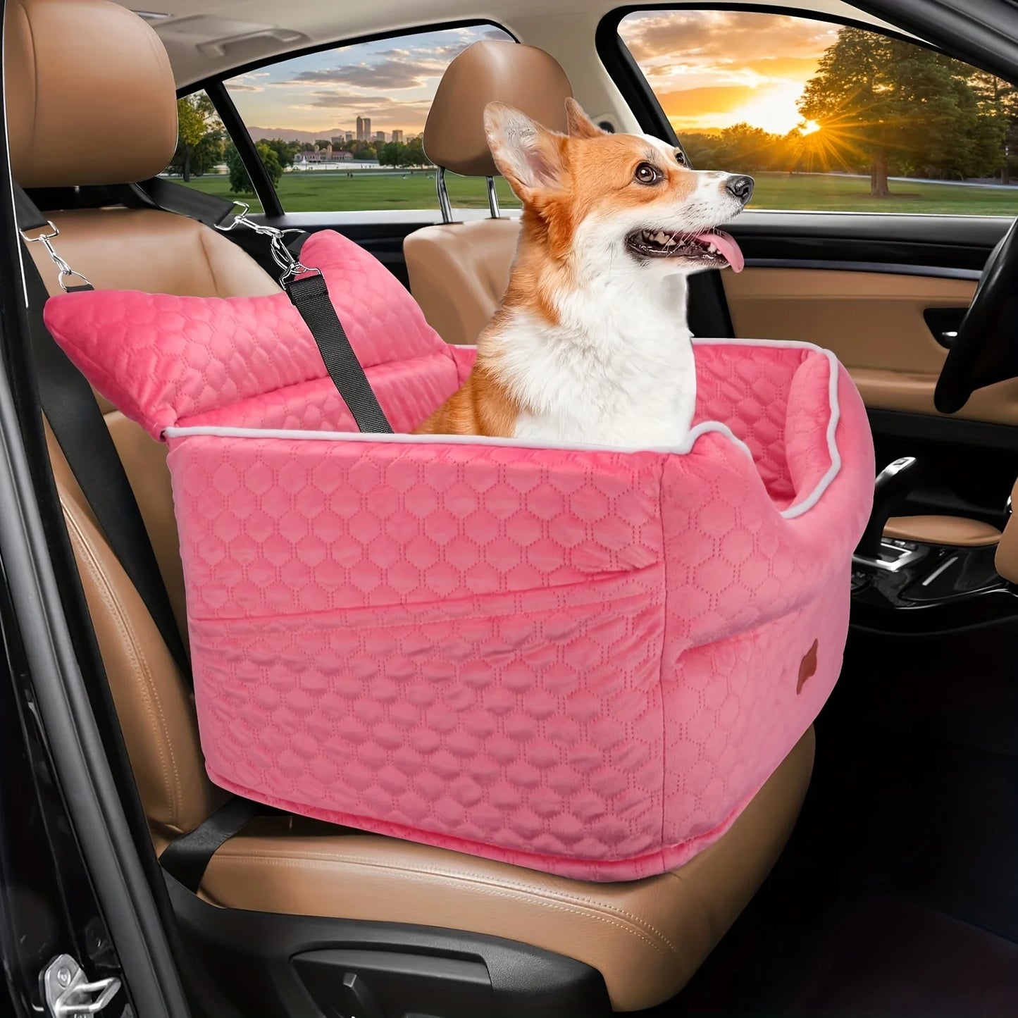Dog Booster Car Seat for Small Dogs up to 25lbs - Elevated Pet Travel Seat with Removable Washable Bed, Storage Pockets & Dog Se