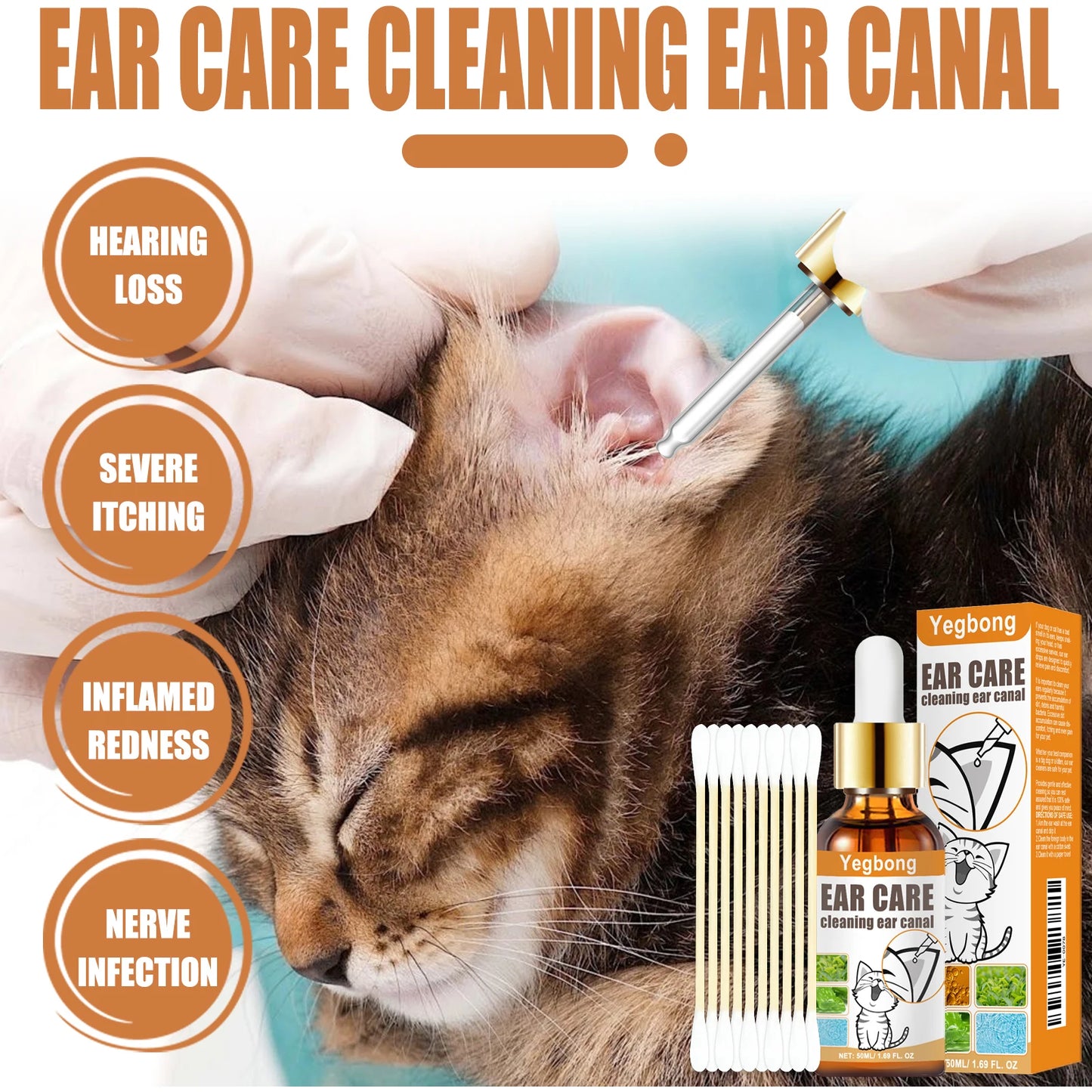Yegbong 50ml Pet Ear Clean Drop Dog Cat Ear Wash Odor Remove Relieve Itchy Discomfort Clean Earwax Ear Mite Cleaning Liquid Set
