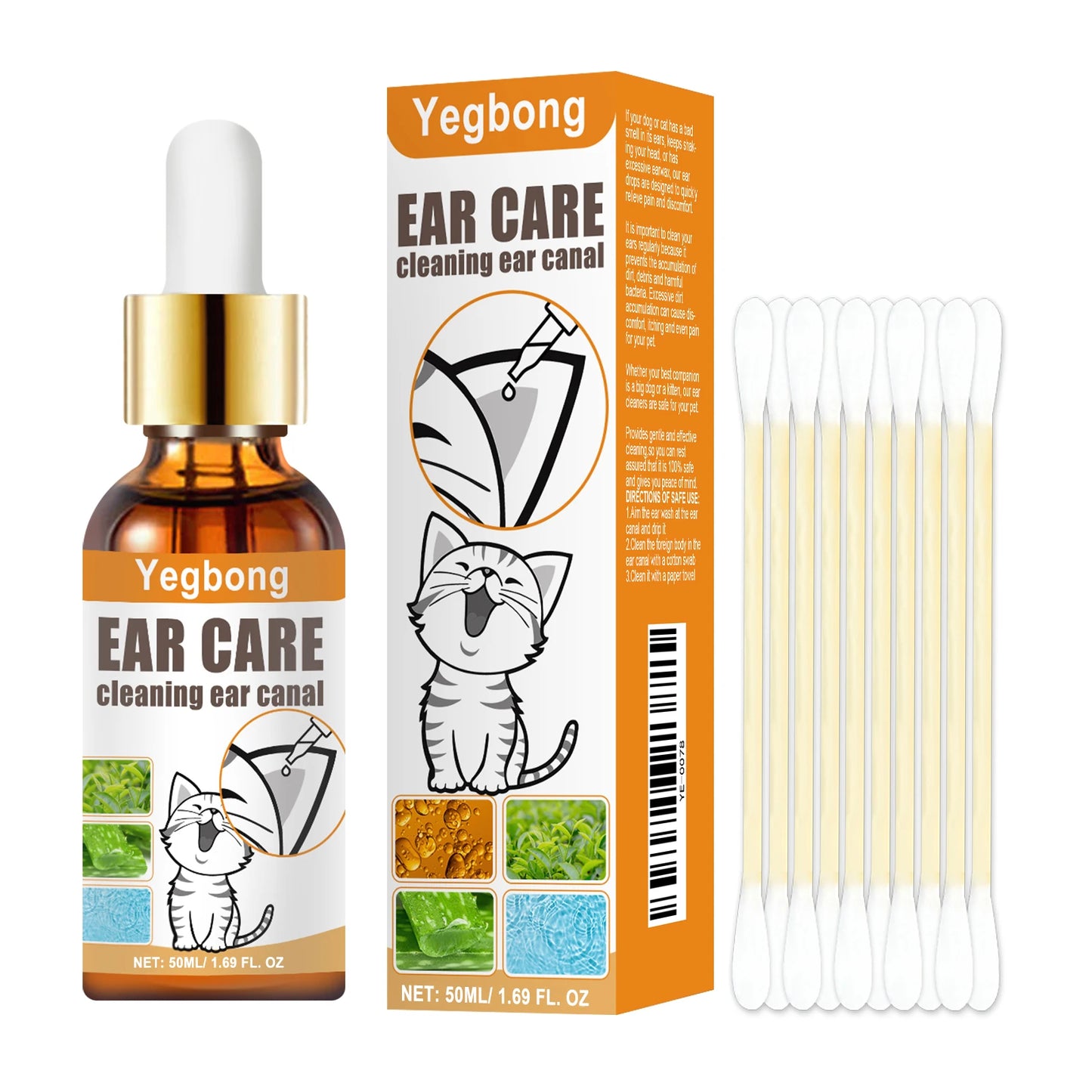 Yegbong 50ml Pet Ear Clean Drop Dog Cat Ear Wash Odor Remove Relieve Itchy Discomfort Clean Earwax Ear Mite Cleaning Liquid Set