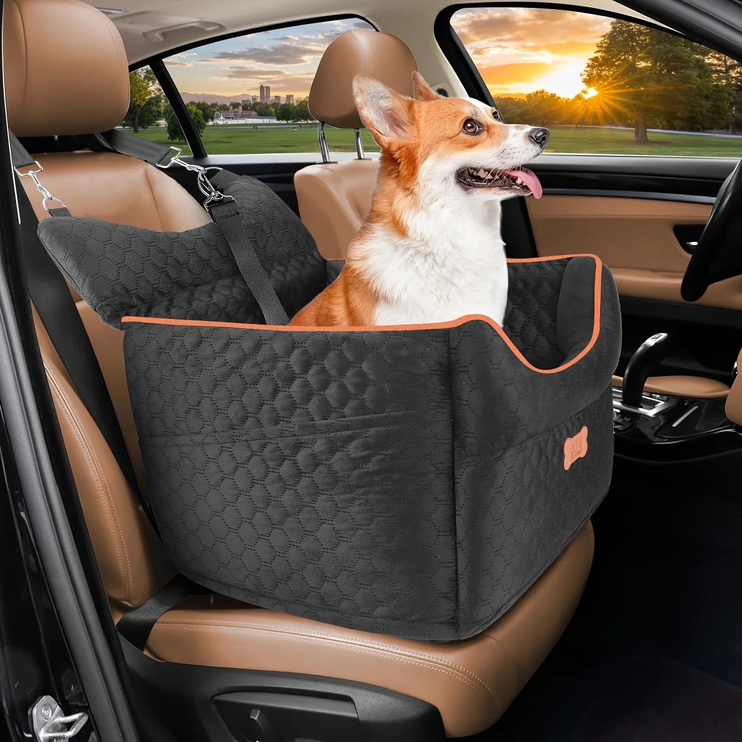 Dog Booster Car Seat for Small Dogs up to 25lbs - Elevated Pet Travel Seat with Removable Washable Bed, Storage Pockets & Dog Se