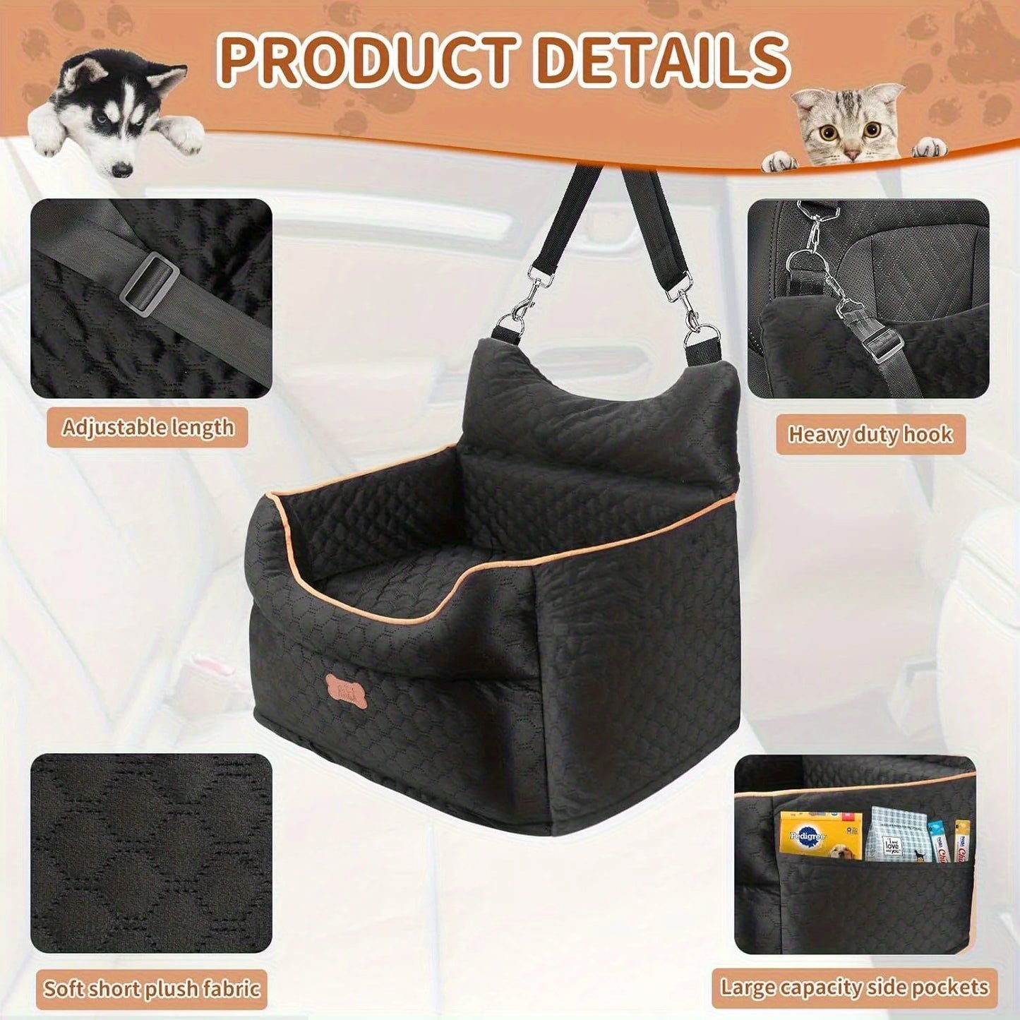 Dog Booster Car Seat for Small Dogs up to 25lbs - Elevated Pet Travel Seat with Removable Washable Bed, Storage Pockets & Dog Se