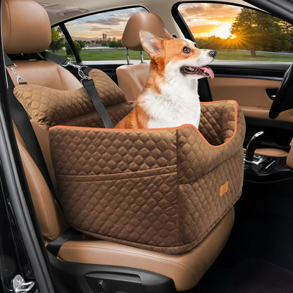 Dog Booster Car Seat for Small Dogs up to 25lbs - Elevated Pet Travel Seat with Removable Washable Bed, Storage Pockets & Dog Se