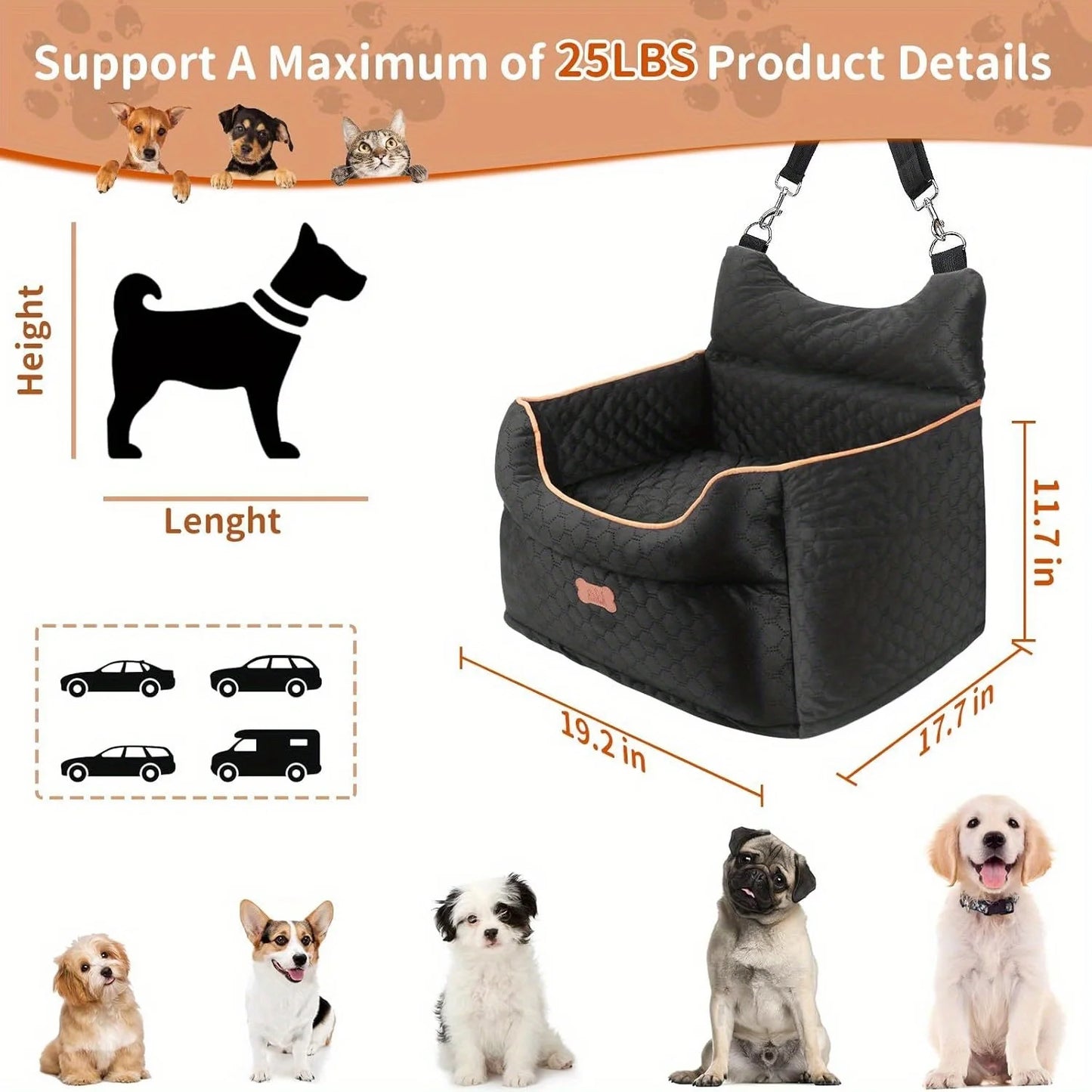 Dog Booster Car Seat for Small Dogs up to 25lbs - Elevated Pet Travel Seat with Removable Washable Bed, Storage Pockets & Dog Se