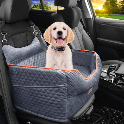 Dog Booster Car Seat for Small Dogs up to 25lbs - Elevated Pet Travel Seat with Removable Washable Bed, Storage Pockets & Dog Se