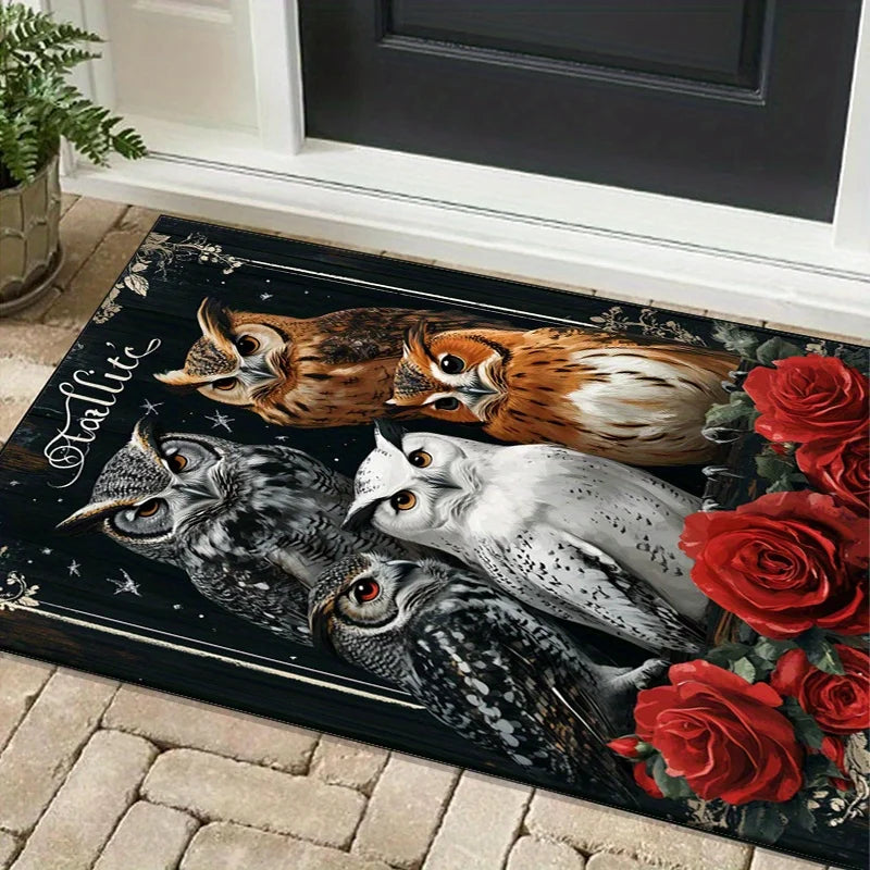 Owl Trio Rug with Red Roses, Charming Bird Print Carpets for Cozy BedroomsBest Selling Bedroom Accessories Skid resistant carpet
