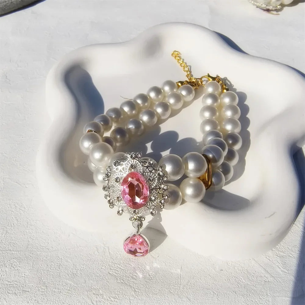1pc Luxury Double Layer Pearl Pet Necklace with Diamond Pendant Wedding Costume Dog Cat Crystal Jewelry Accessories Pet Supplies