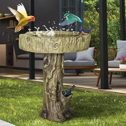 24.4” H Fibre Reinforced Concrete Outdoor Garden Bird Bath with Birds, Woodland Tree Trunk Decoration Yard Statue
