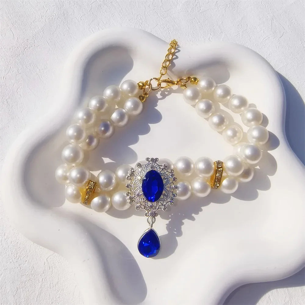 1pc Luxury Double Layer Pearl Pet Necklace with Diamond Pendant Wedding Costume Dog Cat Crystal Jewelry Accessories Pet Supplies