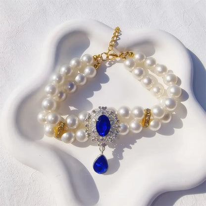 1pc Luxury Double Layer Pearl Pet Necklace with Diamond Pendant Wedding Costume Dog Cat Crystal Jewelry Accessories Pet Supplies
