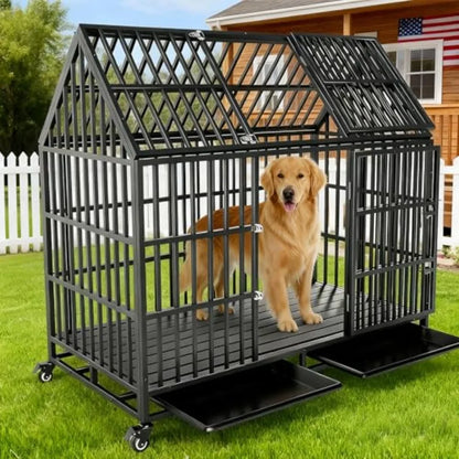 54 inch Heavy Duty Indestructible Dog Crate with 2 Bowls, Escape Proof Double Door Dog Kennel for Large Giant Dogs with Wheels