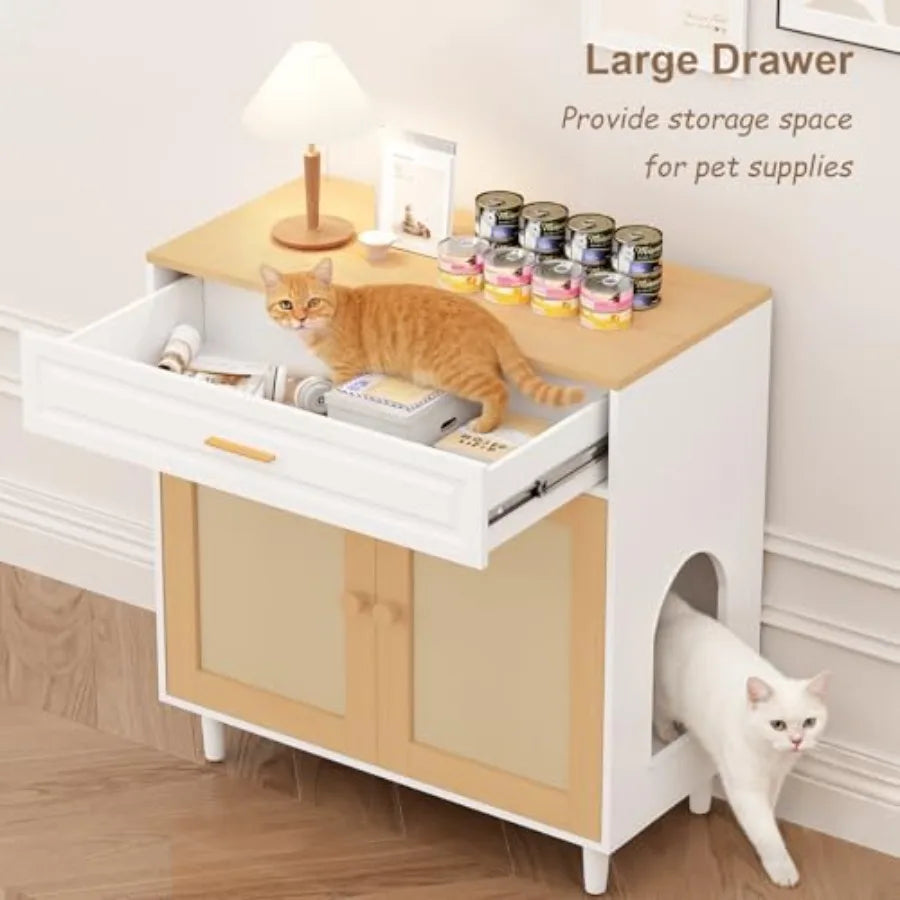 Hidden Cat Litter Box Cabinet with Sisal Scratching Board Doors and Drawer Wooden Pet House for Indoor Cats Dog Proof Enclosure