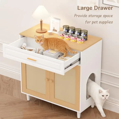 Hidden Cat Litter Box Cabinet with Sisal Scratching Board Doors and Drawer Wooden Pet House for Indoor Cats Dog Proof Enclosure