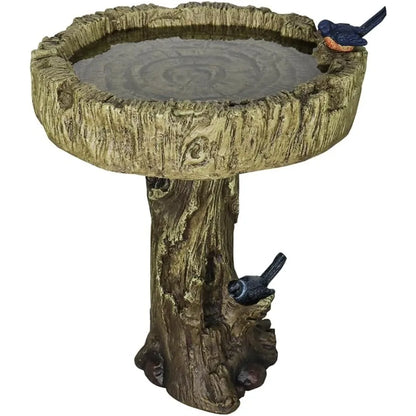24.4” H Fibre Reinforced Concrete Outdoor Garden Bird Bath with Birds, Woodland Tree Trunk Decoration Yard Statue