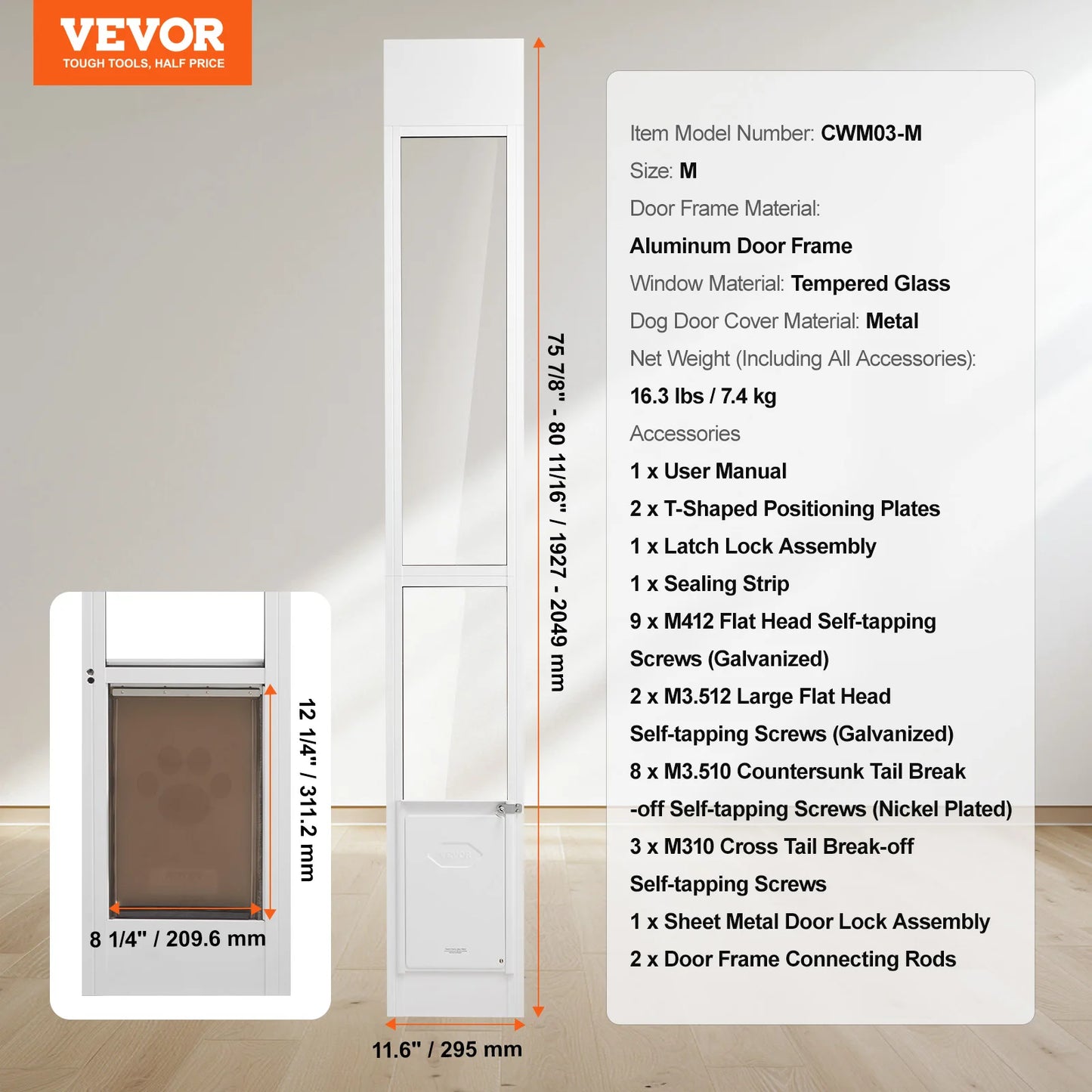 SucceBuy Dog Door Sliding Glass Adjustable Height Aluminum Frame Tempered Glass Door