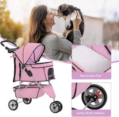 3-Wheel Folding Pet Stroller for Small Dogs and Cats, Waterproof with Cup Holder & Removable Liner, Pink