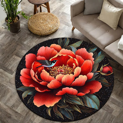 Red Peony & Bird Style Flannel-printed round floor mats are slip-resistant Suitable living room bedroom terrace garden carpets
