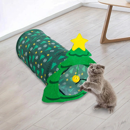 Christmas Cat Tunnel Tube Interactive with Bell Ball for Indoor Kittens Rabbits Puppy Play and Exercise