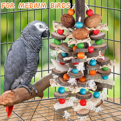 Large Parrot Toys Bird Chewing Toys-Natural Nuts Corn Loofah Wooden Bird Cage Toy for African Grey,Macaws,Conure,Cokatoos,Cockat
