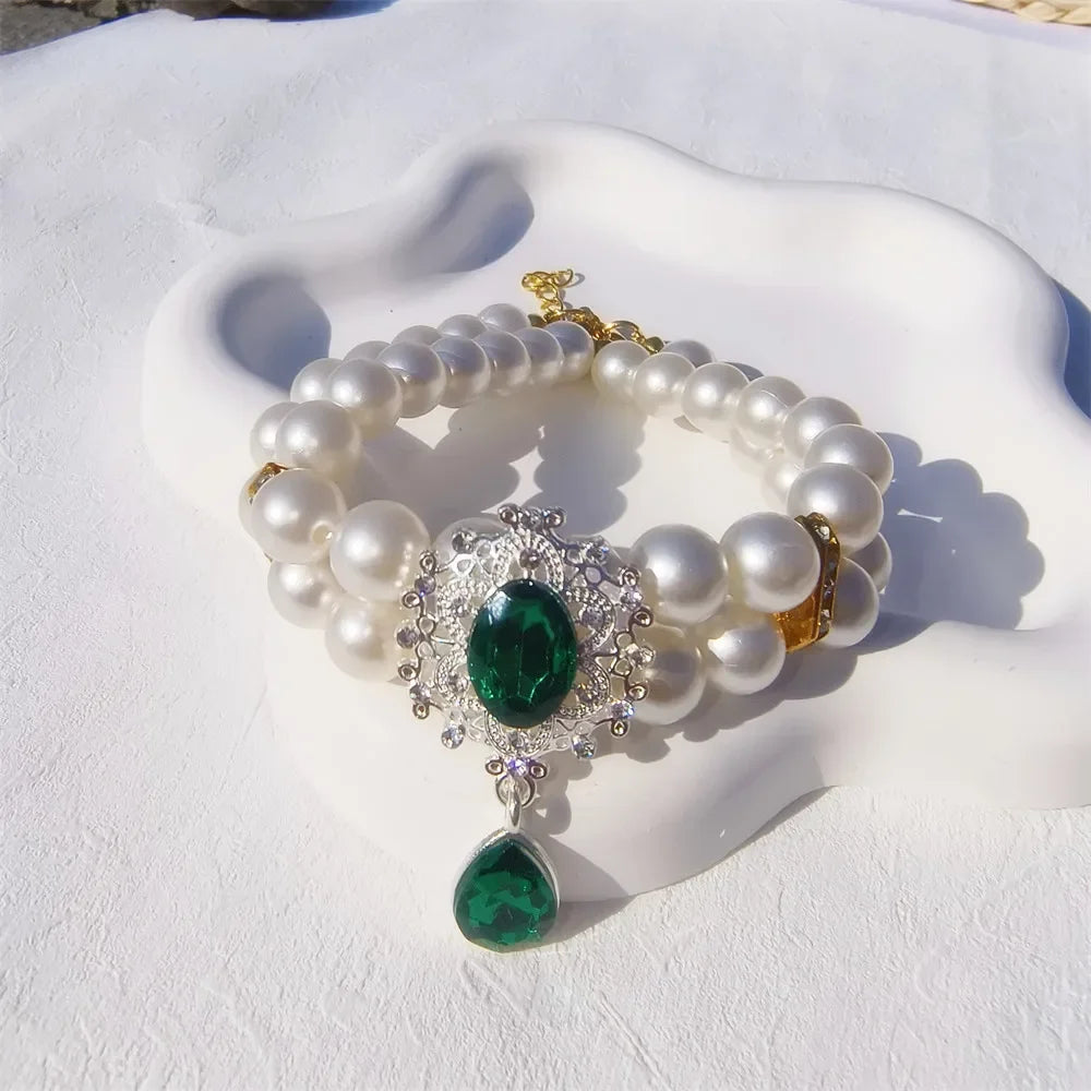 1pc Luxury Double Layer Pearl Pet Necklace with Diamond Pendant Wedding Costume Dog Cat Crystal Jewelry Accessories Pet Supplies