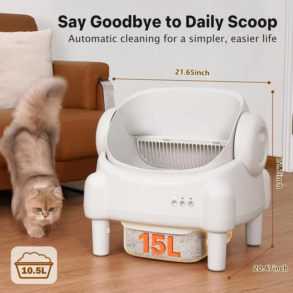 Luxury App-Controlled Open-Top Self-Cleaning Litter Box for Multiple Cats with Safety, Odor Control, 2 Liners, Large Bin - Cream
