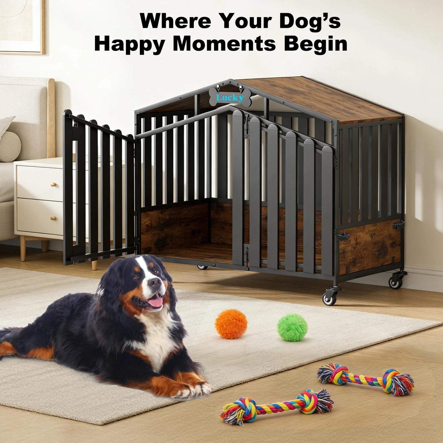 31"/41"/48“ XL Heavy Duty Dog Crate Furniture with Wheels, Dog Crates for Large Dogs Extra-Wide Thick Steel Plates Chew Resistant