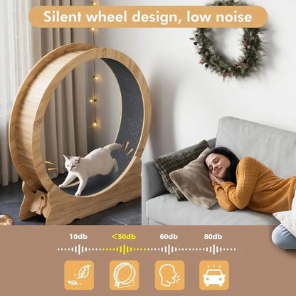 Extra Large 43.3 Indoor Cat Exercise Wheel with Removable Carpet and Teaser for Running, Walking, and Training - Natural Wood