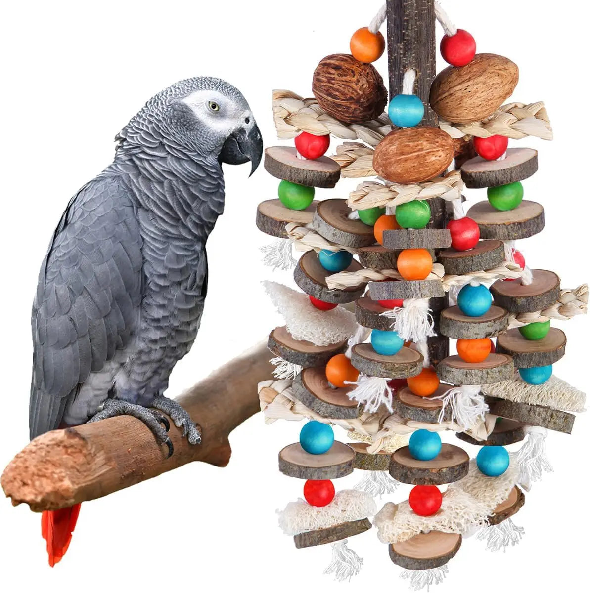 Large Parrot Toys Bird Chewing Toys-Natural Nuts Corn Loofah Wooden Bird Cage Toy for African Grey,Macaws,Conure,Cokatoos,Cockat