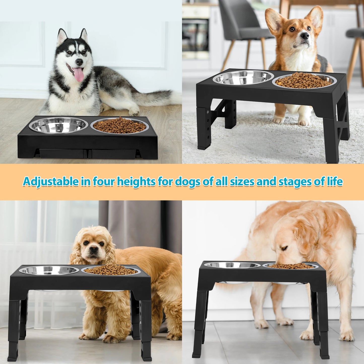 Elevated Dog Bowls with 2 Stainless Steel, Raised Dog Bowl Adjusts to 5 Heights (3.15", 8.66", 9.84",11.02", 12.2