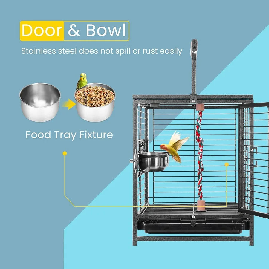 19" Wrought Iron Travel Carrier Bird Cage for Parrots Conures Lovebird Cockatiel Parakeets