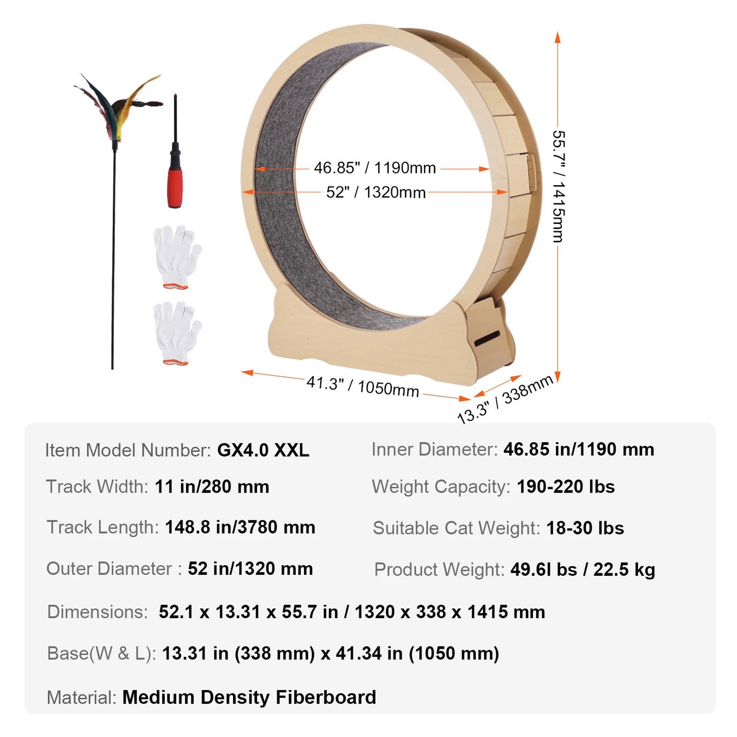 SucceBuy Wooden Cat Exercise Wheel with Detachable Carpet& Cat Teaser