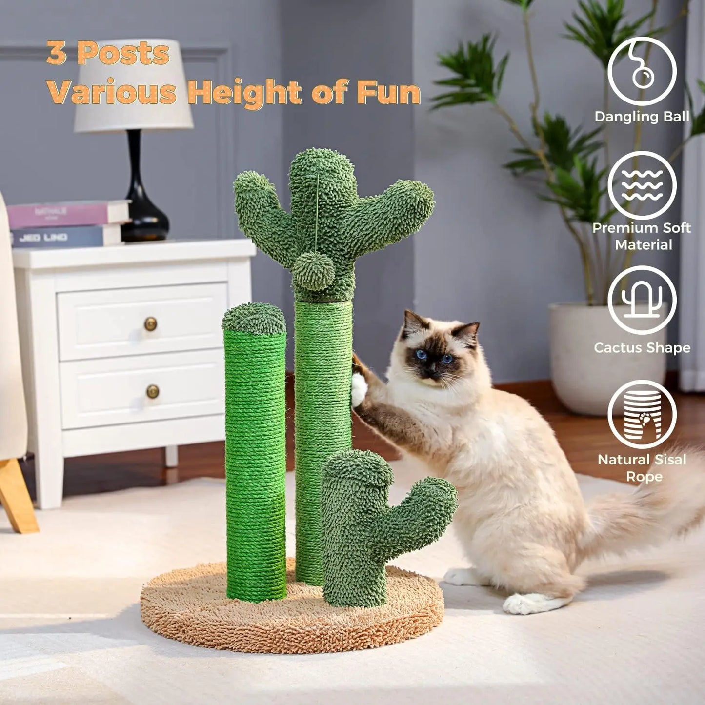 Cat Scratching Post Cactus Cat Scratcher Featuring with 3 Scratching Poles and Interactive Dangling Ball -Large 27 Inches